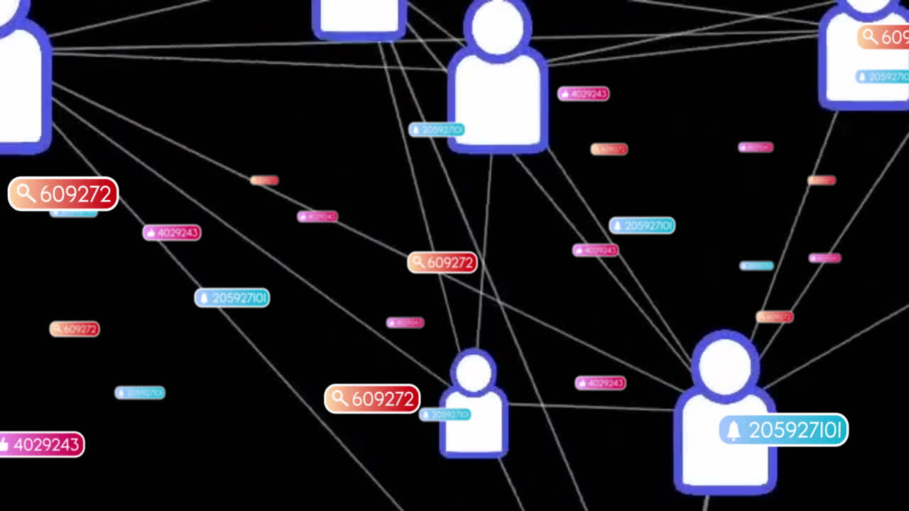 Connected user icons with colorful data tags forming network on black background