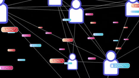 connected user icons with colorful data tags forming network on black background