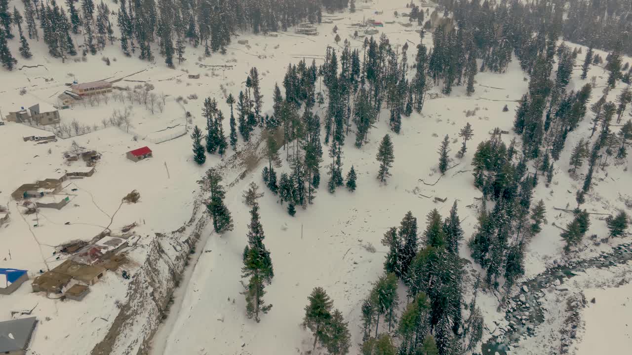 Filmato con drone all'indietro di una montagna e dell'albero coperti di neve nell'inverno della Valle di Naltar, Gilgit, nel Pakistan settentrionale, con una casa rossa.