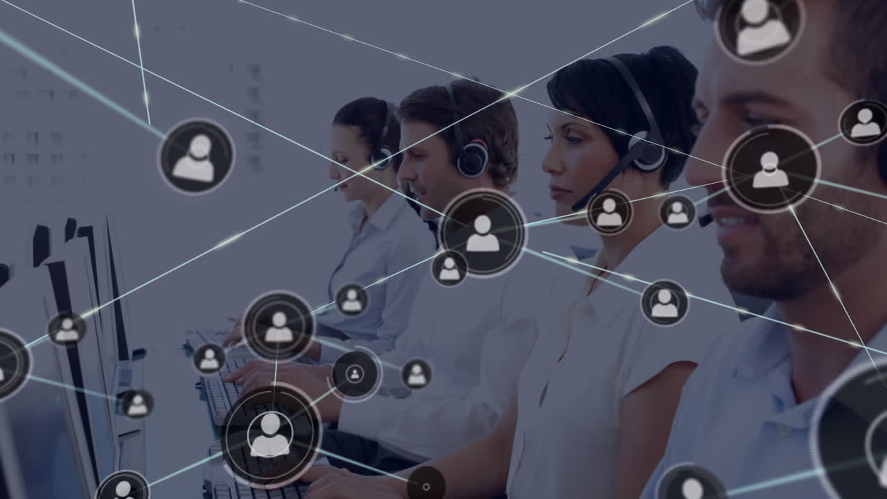 Animation of connected icons over diverse service agents wearing headphones working on computer