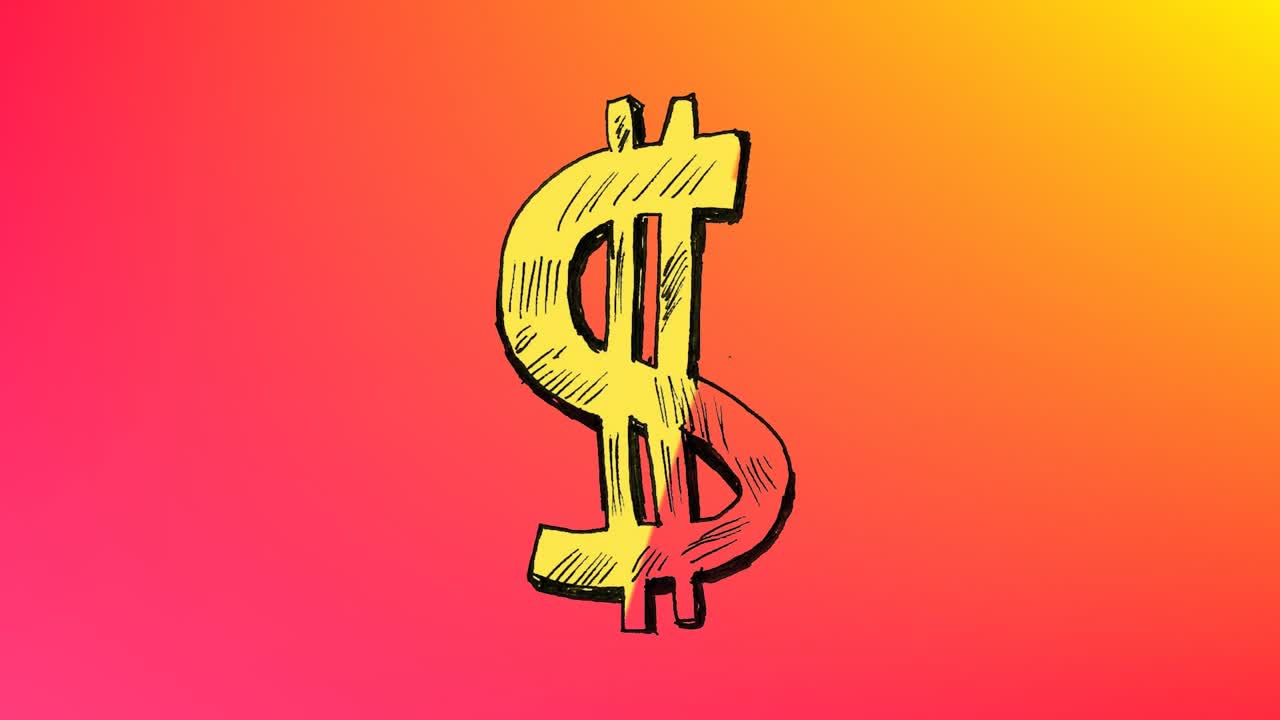 Segno del dollaro disegnato a mano che appare come tratti che formano il contorno, per poi riempirsi di giallo su gradiente.