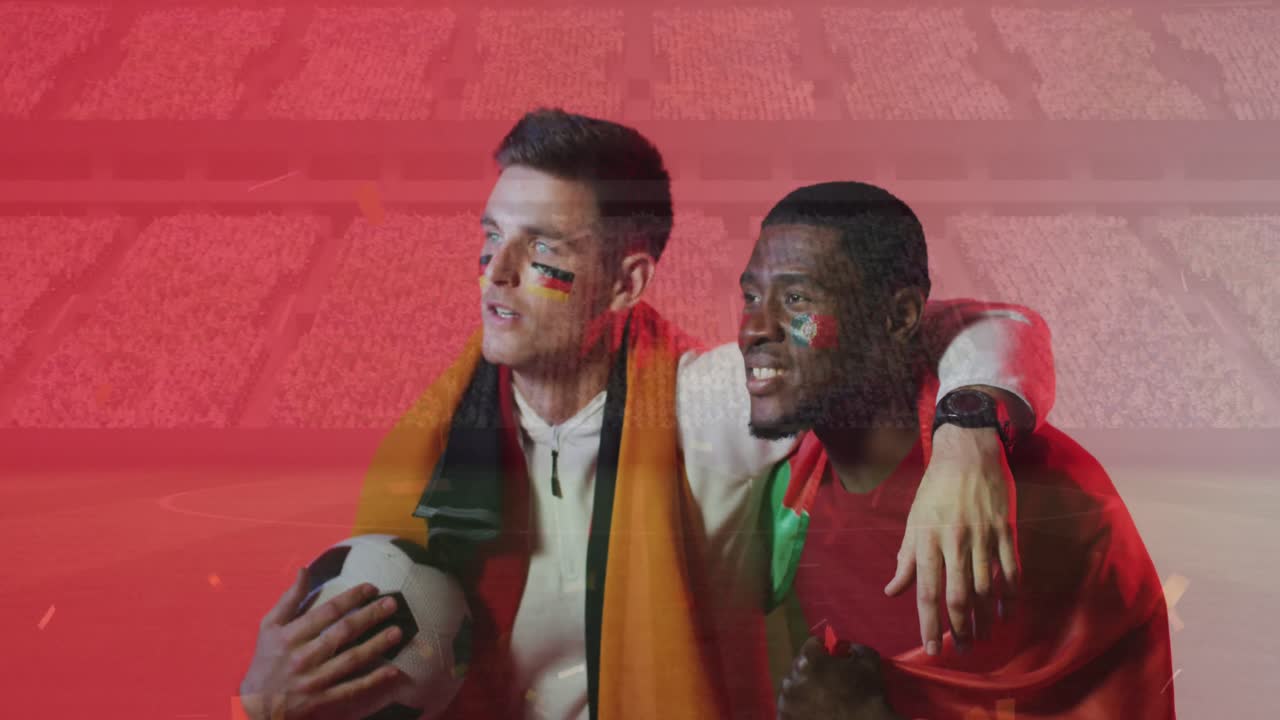 animación de confeti sobre diversos futbolistas viendo el juego con banderas de alemania y portugal