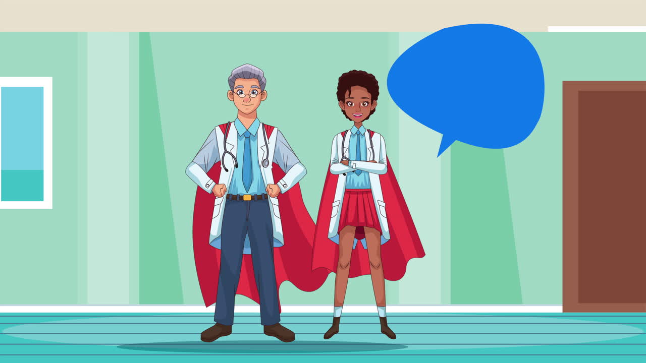 병원 복도에서 영웅적인 슈퍼 의사 애니메이션 캐릭터