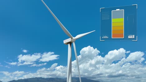 wind turbine against a blue sky with clouds, overlaid with a transparent battery charge graphic