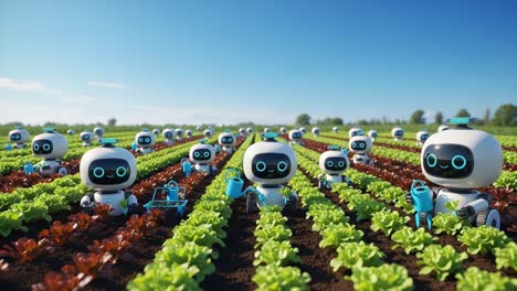 a futuristic vision of agriculture: intelligent robots tend to lush green fields, watering and harvesting fresh lettuce in a vibrant farm landscape under a clear blue sky