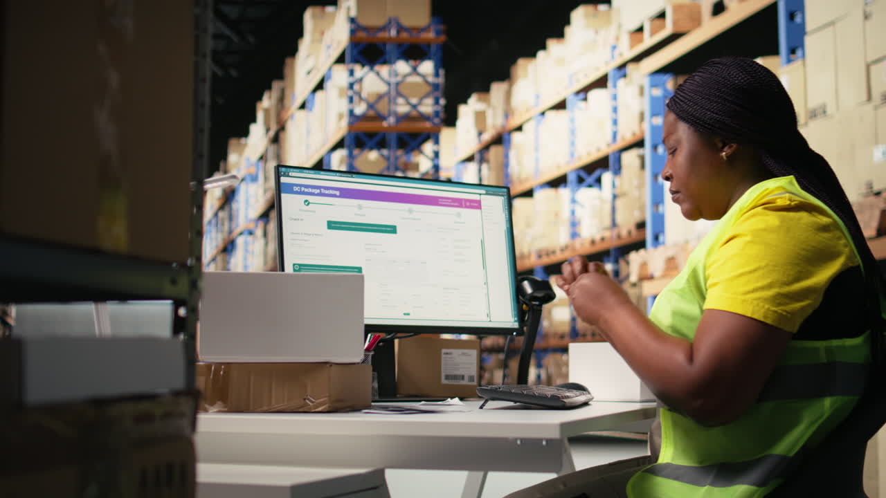 Black woman placing adhesive shipment tags on cardboard boxes
