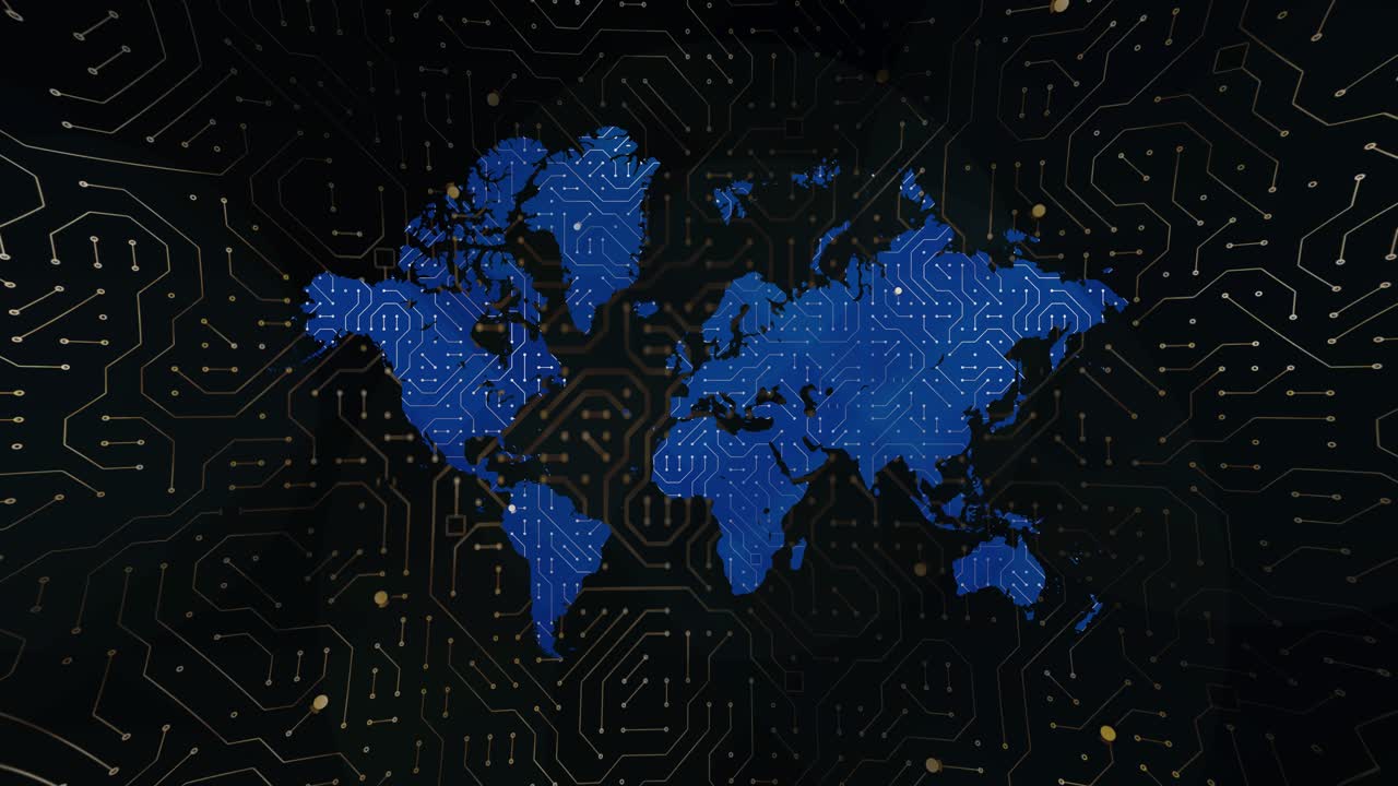 Blue world map overlaying a dark background with illuminated electronic circuit board lines and nodes
