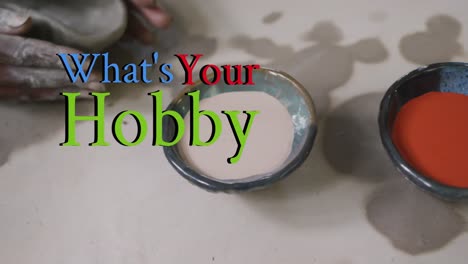Animation-of-what's-your-hobby-over-woman-in-pottery-workshop