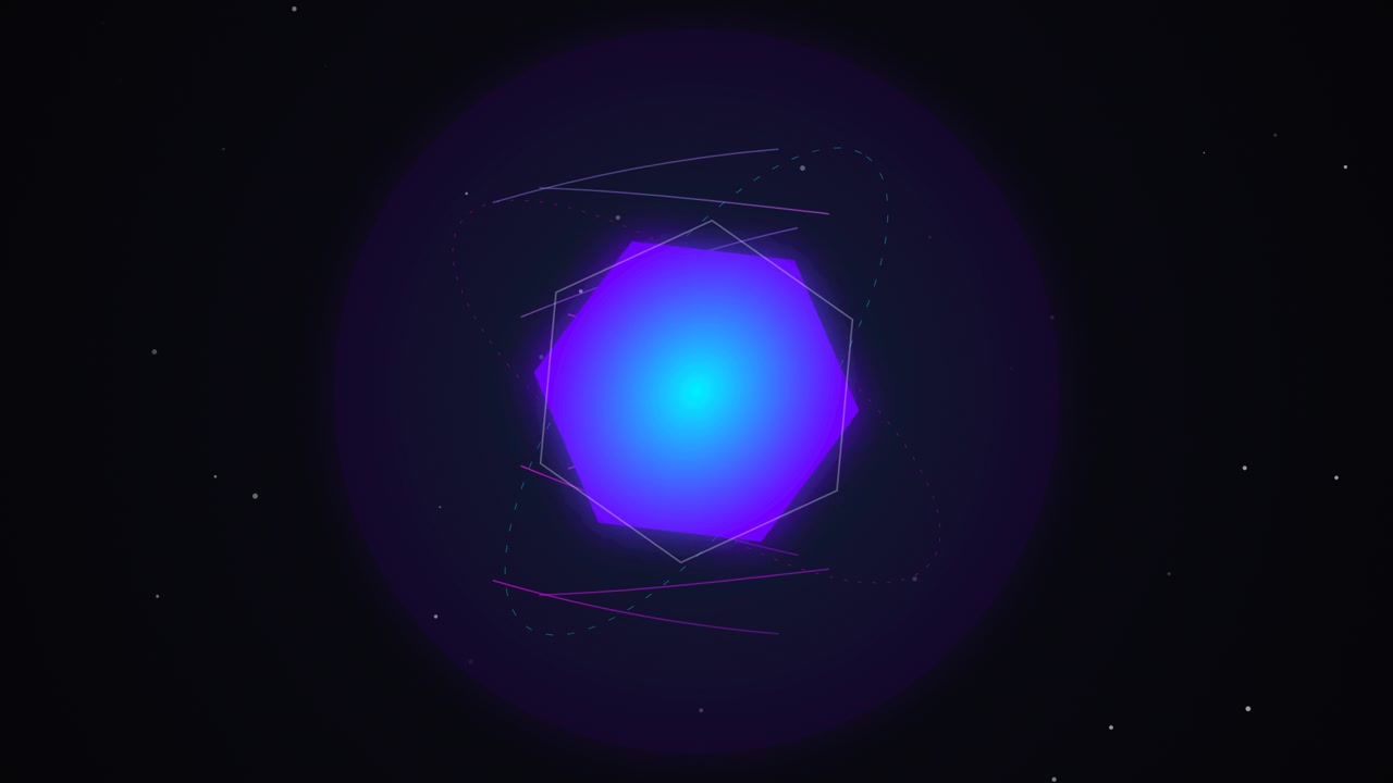 Esagono luminoso astratto con linee orbitali rotanti