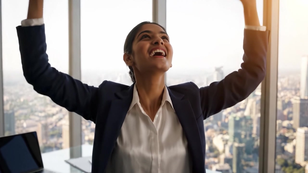 Uma empresária confiante celebra o sucesso enquanto observa uma paisagem urbana vibrante de um escritório em um arranha-céu, exibindo sua determinação e positividade em um ambiente profissional