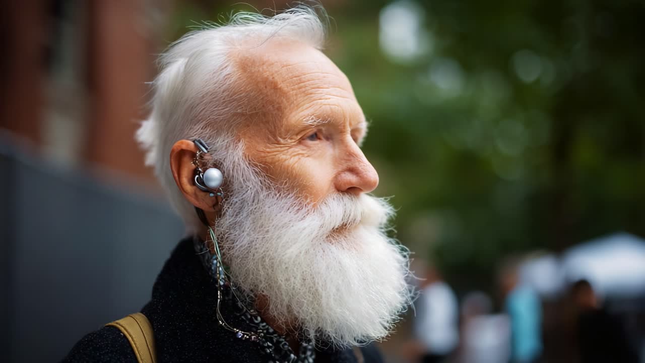 A Reflective Senior Man with Long White Beard and Earphones Enjoying Music Outdoors, Exuding Wisdom and Style in an Urban Environment Surrounded by Lush Greenery