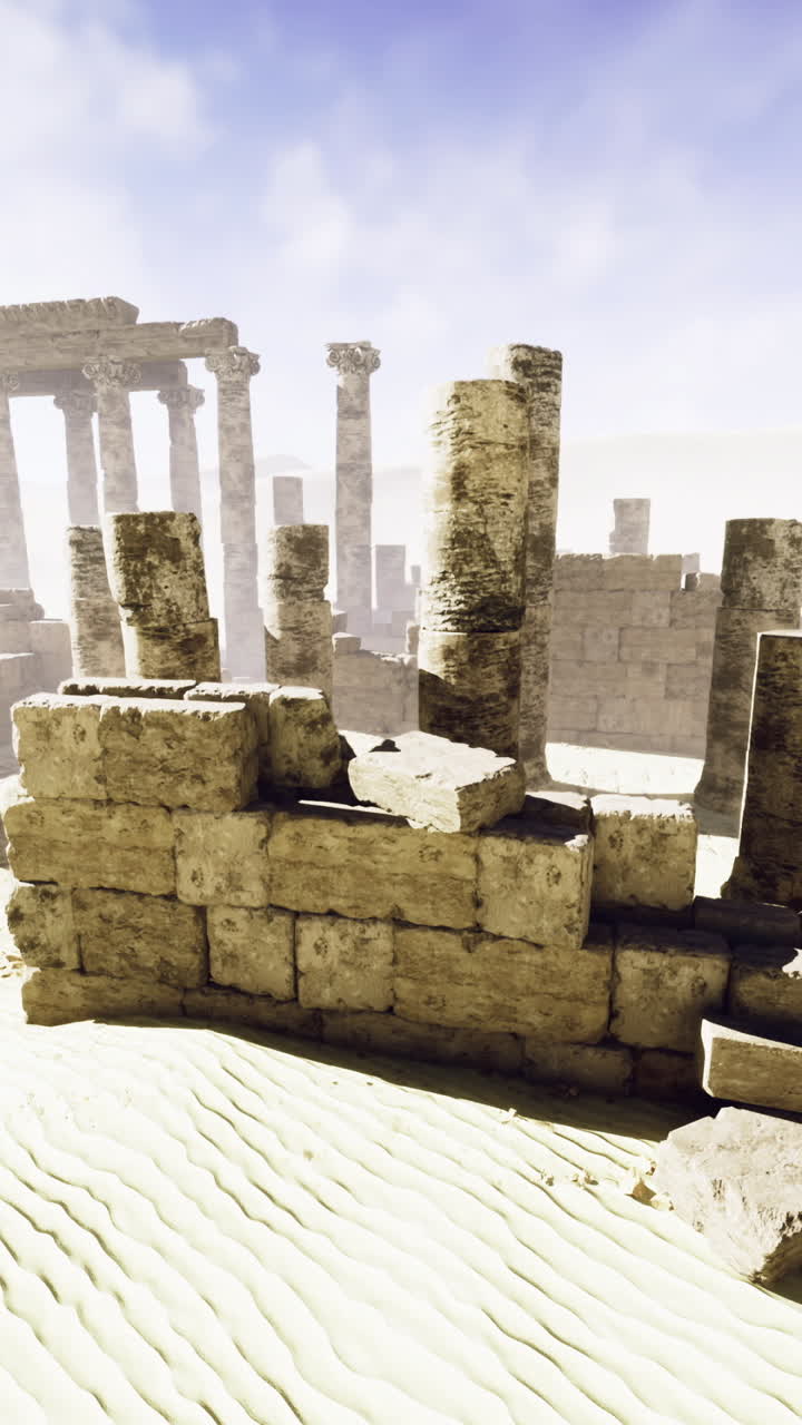 Ancient ruins in a vast desert setting under a clear blue sky