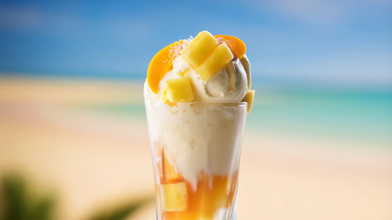 Dessert tropicale al mango e ananas con gelato in spiaggia