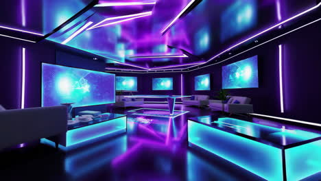 futuristic neon-lit cyberpunk lounge with digital displays