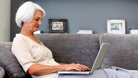 old woman using laptop on couch