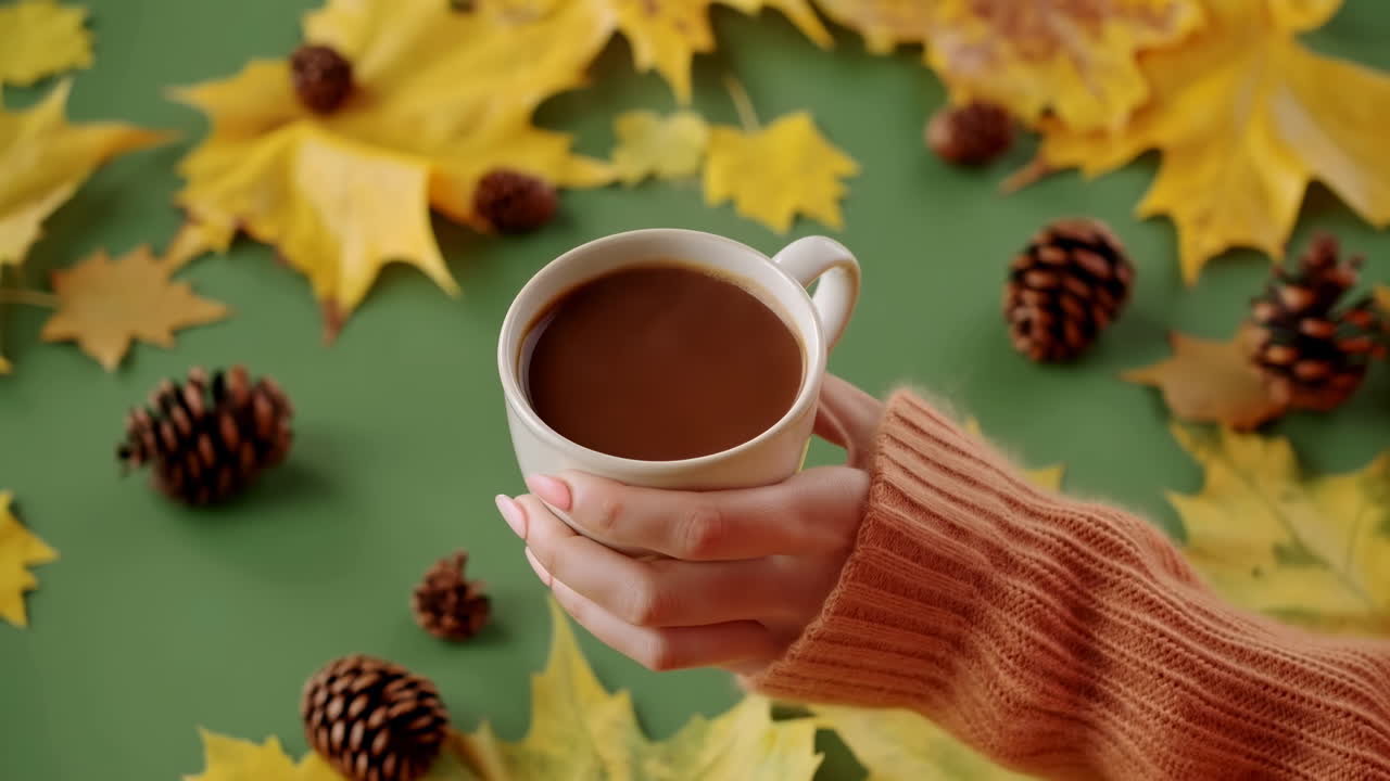 Mano Sosteniendo Taza de Café Caliente con Hojas de Otoño y Piñas