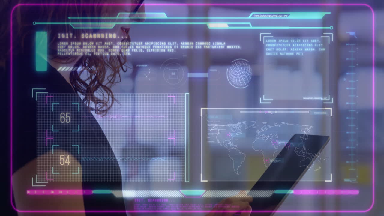 Using tablet with animation overlay, person viewing data and world map