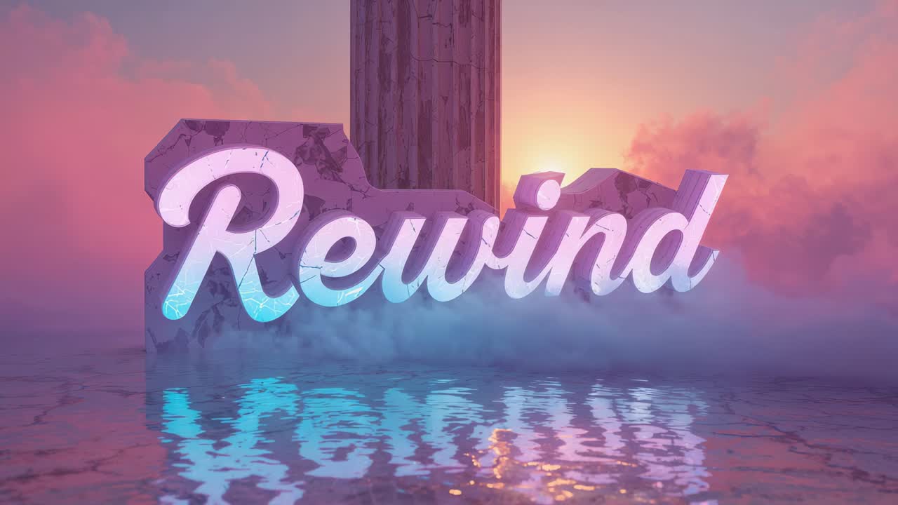 Sunset light driving 3D Rewind sign shimmering rippling over water plinth drifting fog and column