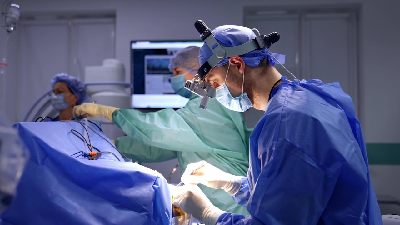 Chirurgo che esegue un'operazione delicata in una sala operatoria moderna.