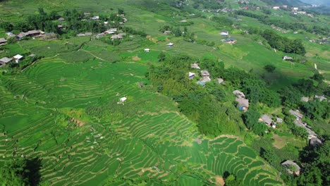 pan right view of rice terraces and wooden houses in sa pa under clear daylight.