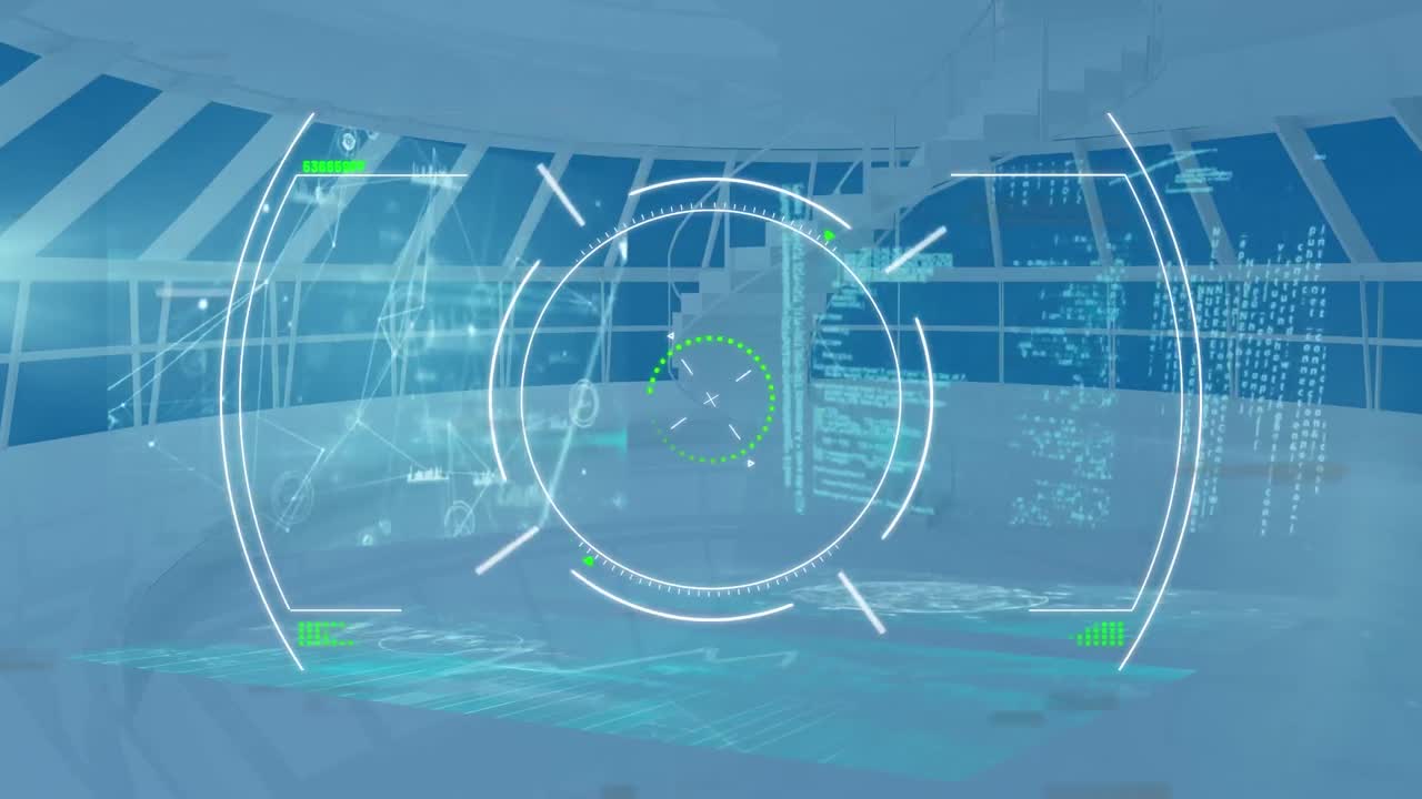 사무실 배경에서 레이더와 다양한 데이터 처리의 애니메이션