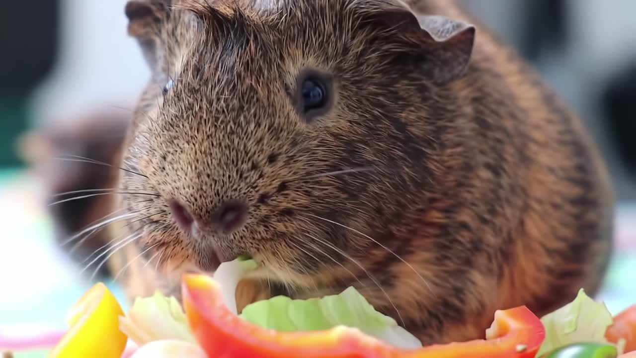 A charming guinea pig enjoys a variety of fresh vegetables in a comfortable domestic environment. Bright colors and cozy ambiance enhance the delightful moment of this small pet.