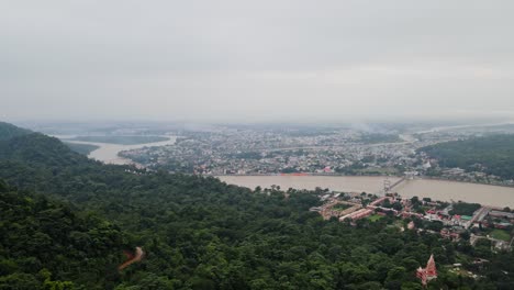 aerial view of janki setu in rishikesh during diwali festival. day view of rishikesh city in uttarakhand during monsoon.