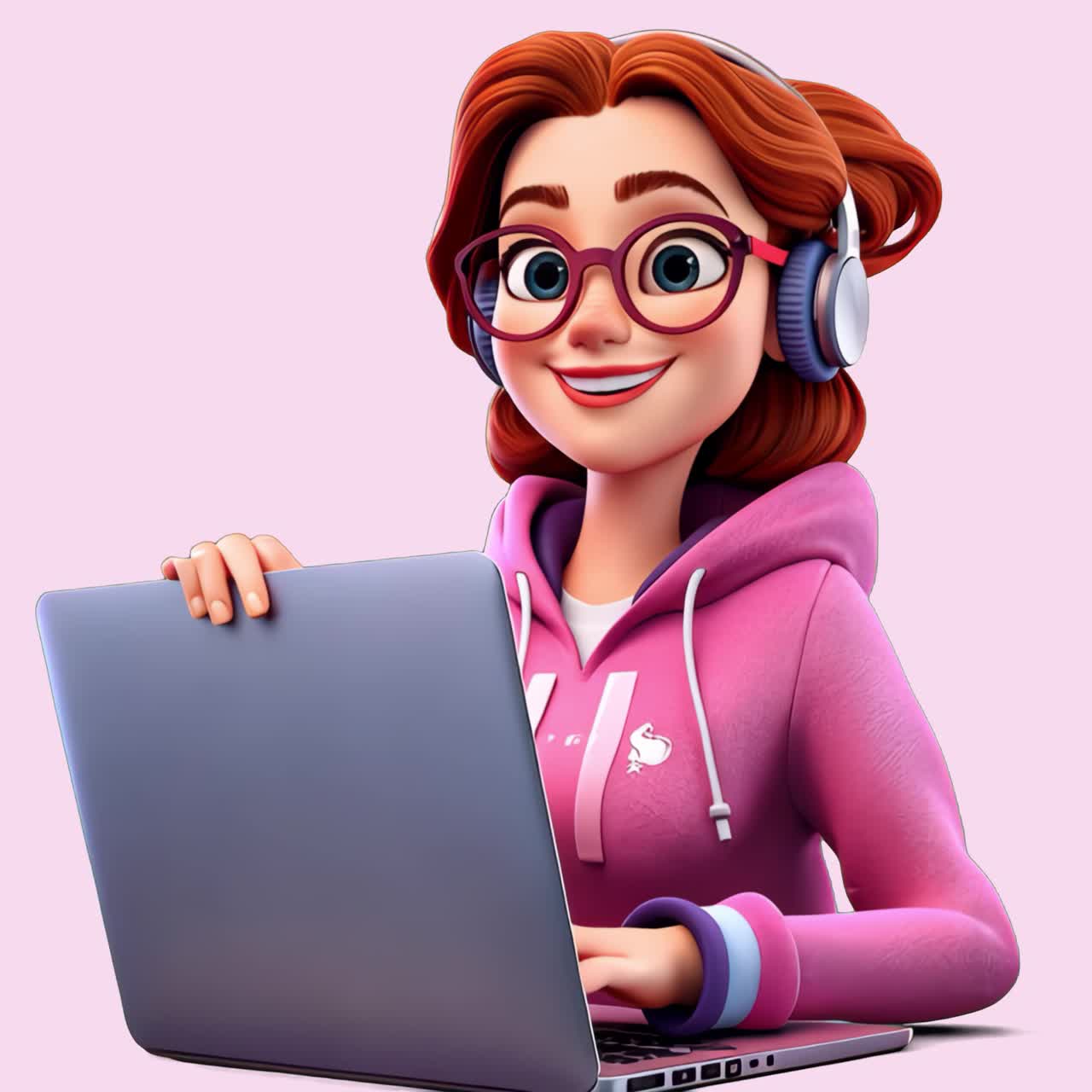 Animated girl using laptop animation isolated asset, transparent 4K video, alpha channel, ProRes