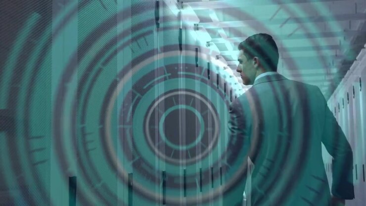 Animation of data processing over caucasian businessman by computer servers
