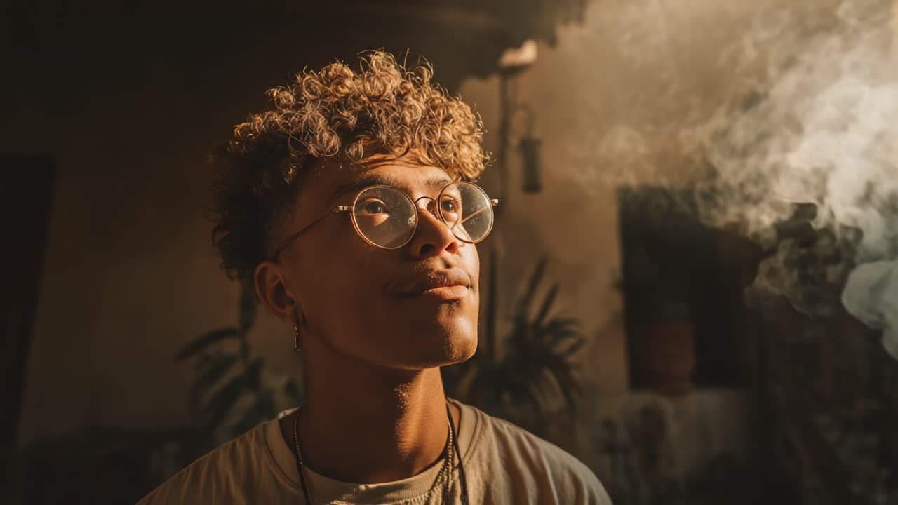 Un Retrato de Reflexión y Serenidad: Un Joven Contemplando Hacia Arriba Entre Suave Humo en un Ambiente Interior Cálidamente Iluminado