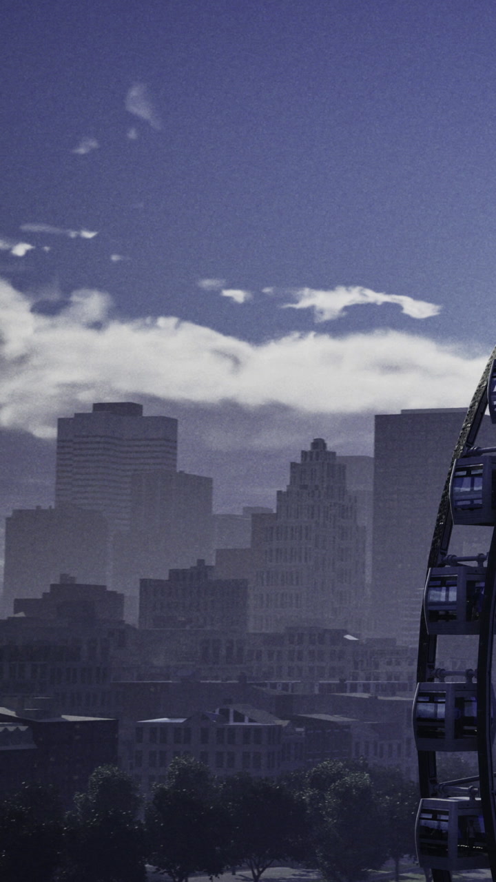 City skyline adorned with a vibrant ferris wheel at twilight