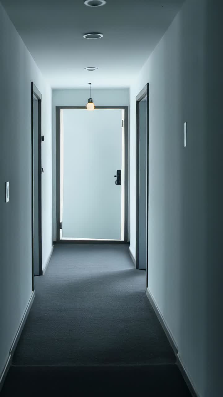 Corridoio e porta che si aprono lentamente, lampadina a sospensione che si attenua e luce del giorno che si riversa per favorire l'interior design