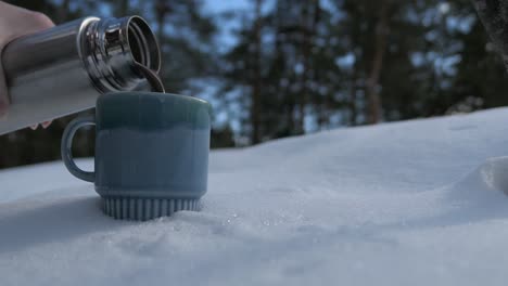 hot chocolate pouring in cup in winter snow forest, hot cocoa cup snowy nature