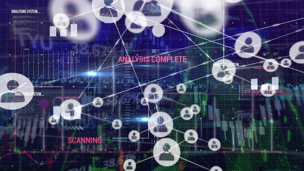 Animation of network of connections with icons over data processing
