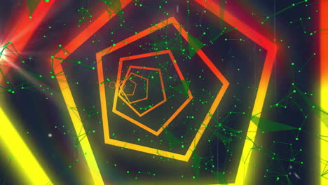 animation of green network over red and yellow hexagon tunnel on dark background