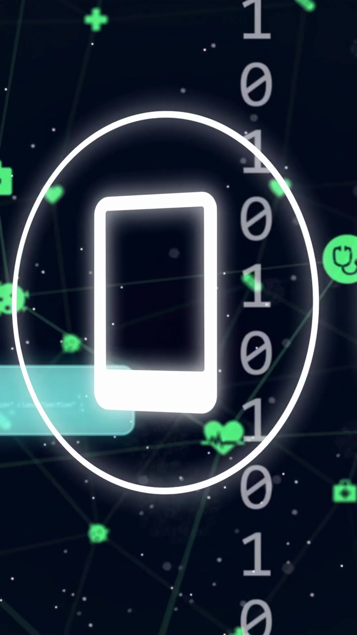 Vertical video: Camera shifting left, rings revealing icons and linking green nodes, showing data