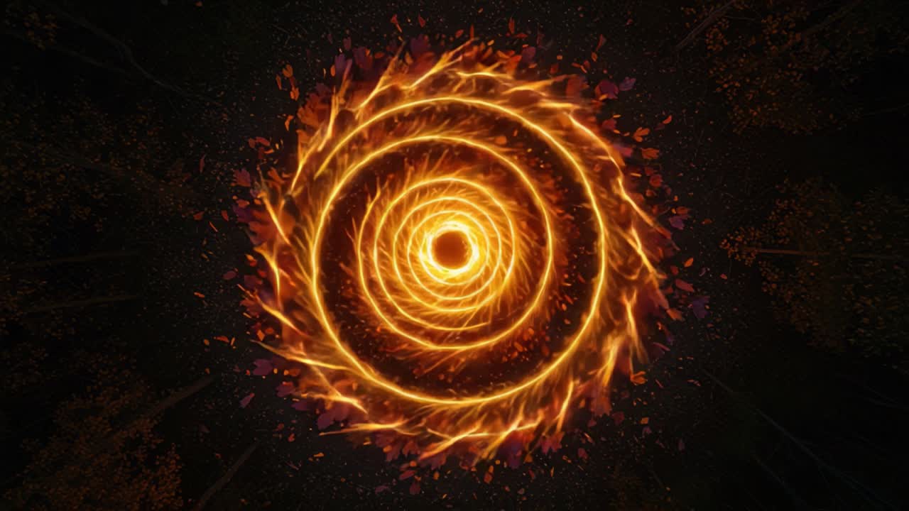 A mesmerizing spiral pattern of fiery sparks and autumn leaves, creating a dynamic swirl that captivates the viewer's sense of motion and energy in a digital landscape