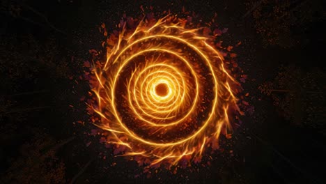 A mesmerizing spiral pattern of fiery sparks and autumn leaves, creating a dynamic swirl that captivates the viewer&#039;s sense of motion and energy in a digital landscape