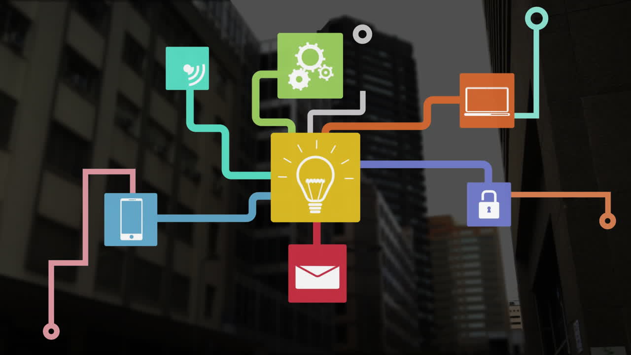 도시 풍경 위에 전구와 커뮤니케이션 미디어 아이콘을 가진 다채로운 네트워크의 애니메이션