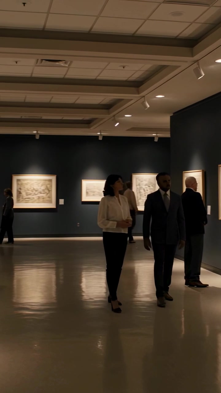 Vídeo vertical: Entrando, mulher de blazer e homem de terno passando por um homem observando arte emoldurada em uma galeria.