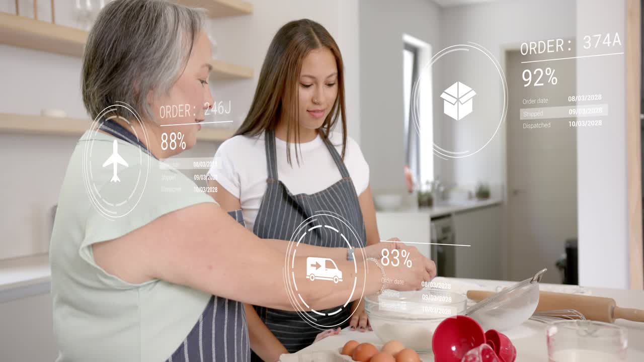Senior woman reaching for egg and cracking into bowl, teaching teen while logistics overlays rising