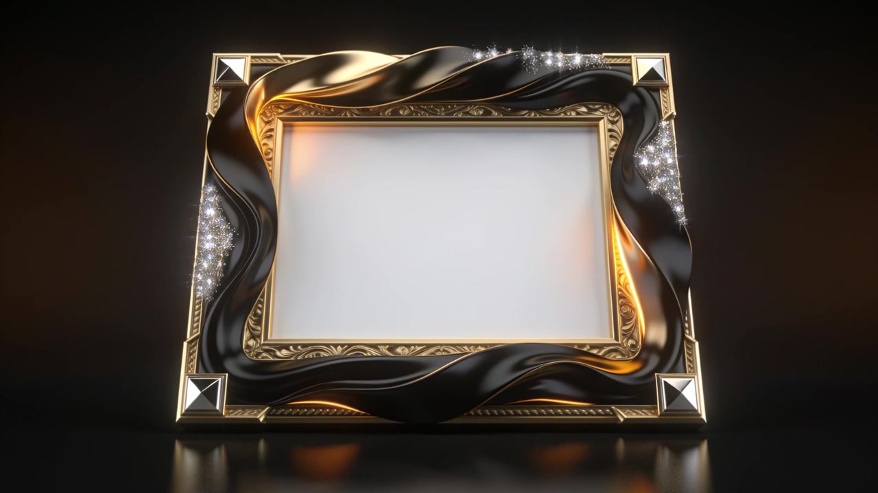 Exibindo uma moldura de bisel dourada com acabamento de fita em estúdio, com a iluminação mudando e causando reflexos na borda direita.