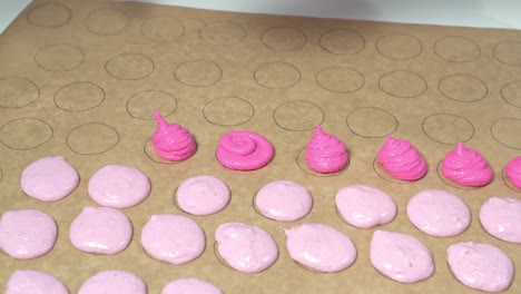 baker using a pastry bag to fill out circular shapes on parchment paper with a different colored shade of pink batter. making of macarons.