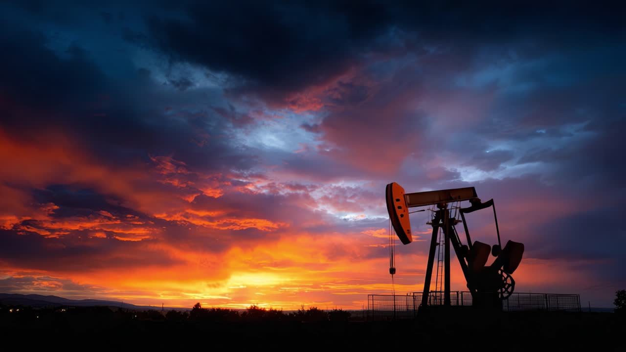 Silhouette of an Oil Pumpjack Against a Dramatic Sunset Sky, Capturing the Essence of the Energy Industry in Striking Colors and Bold Forms