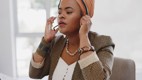 call center, black woman and start with headphones