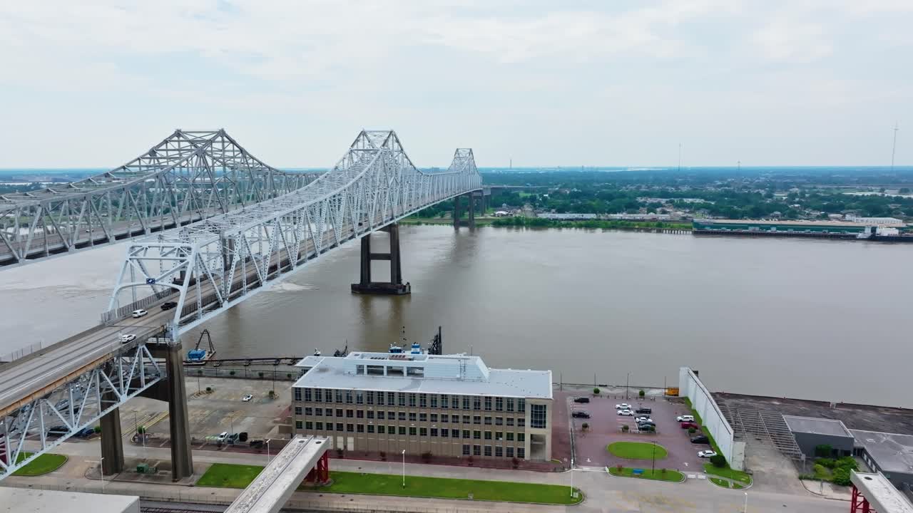 Aerial View Of Crescent City Connection Bridge Over Mississippi River In New Orleans, Louisiana, USA