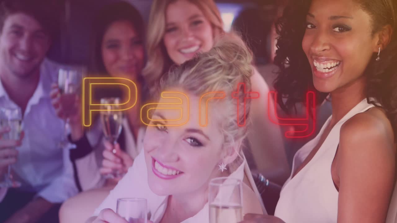 행복한 다양한 여성과 남성 친구들이 차에서 와인을 마시는 파티의 애니메이션