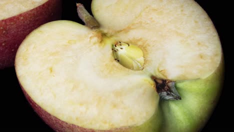 toma macro que muestra la piel de manzana podrida en la superficie negra, metraje de lapso de tiempo