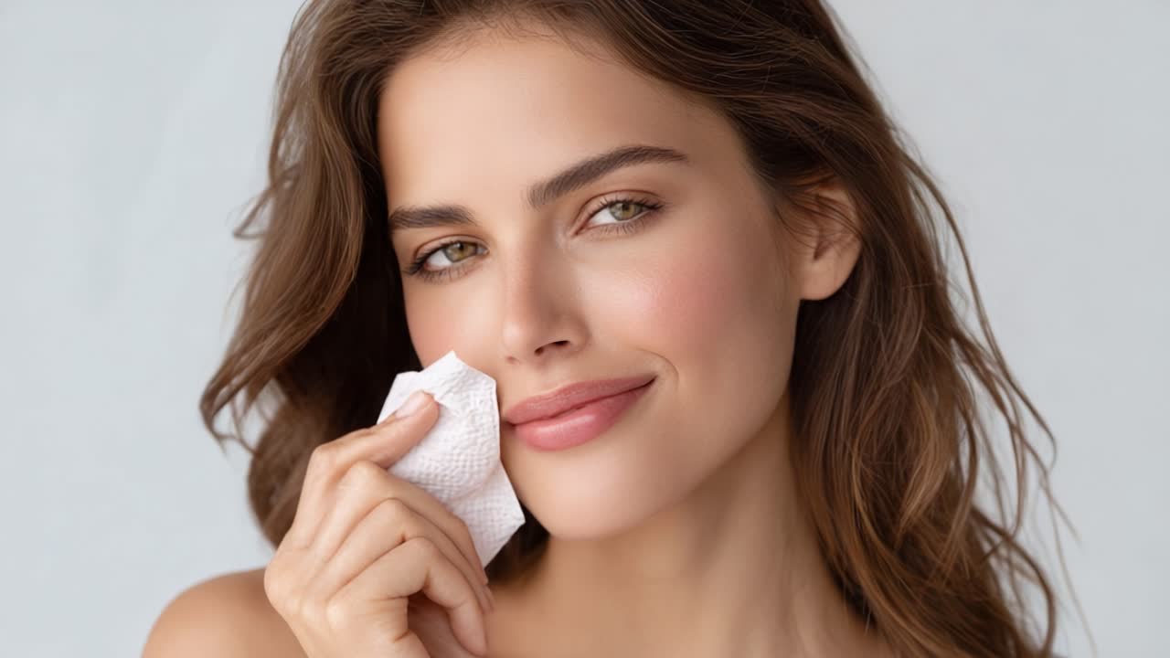 Radiant Beauty: An Appealing Portrait of a Young Woman Gently Cleansing Her Face with a Soft Tissue, Showcasing Glowing Skin and Natural Charm