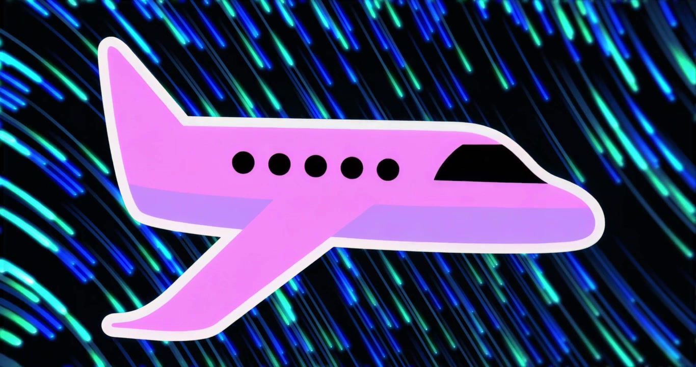 No início da animação, silhueta de avião rosa 3D emitindo rastros de néon e mostrando a velocidade de voo.